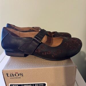 Taos Footwear Dark Brown Embroidered Mary Jane Flats